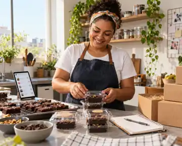 Pessoa preparando e embalando alimentos para venda em uma cozinha.